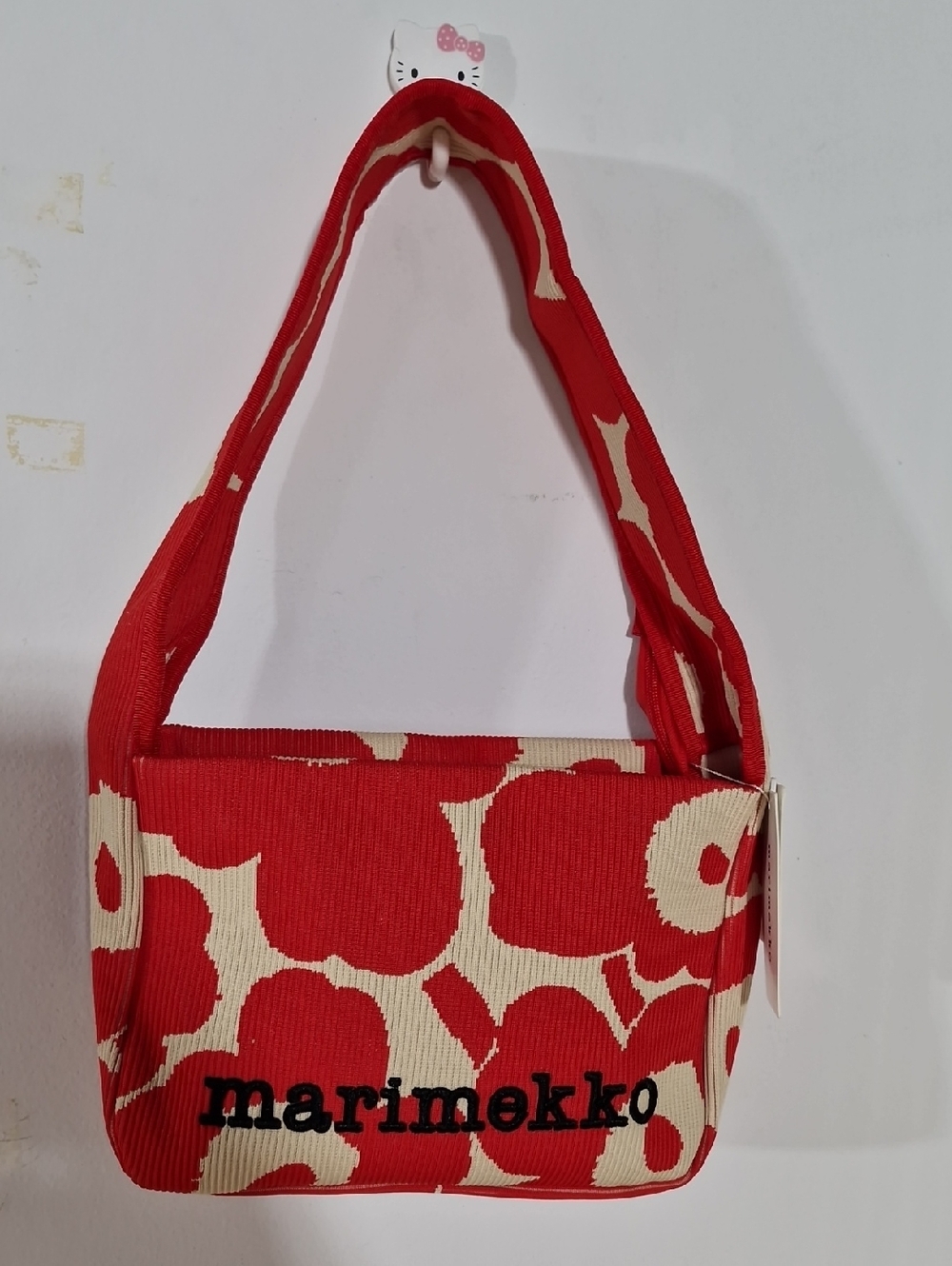 Marimekko Red and Cream Floral Knitted Shoulder Bag